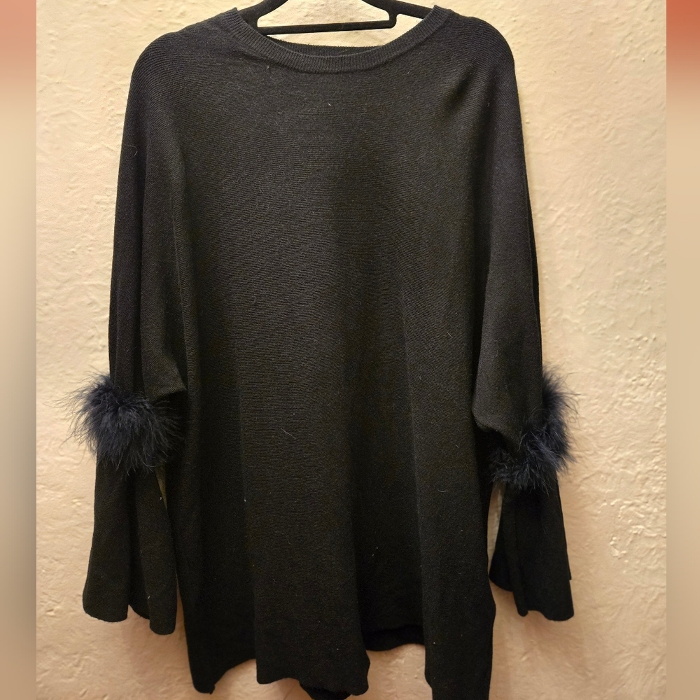Angela Mara Italian Black Knit Sweater Faux Fur Bell Sleeves